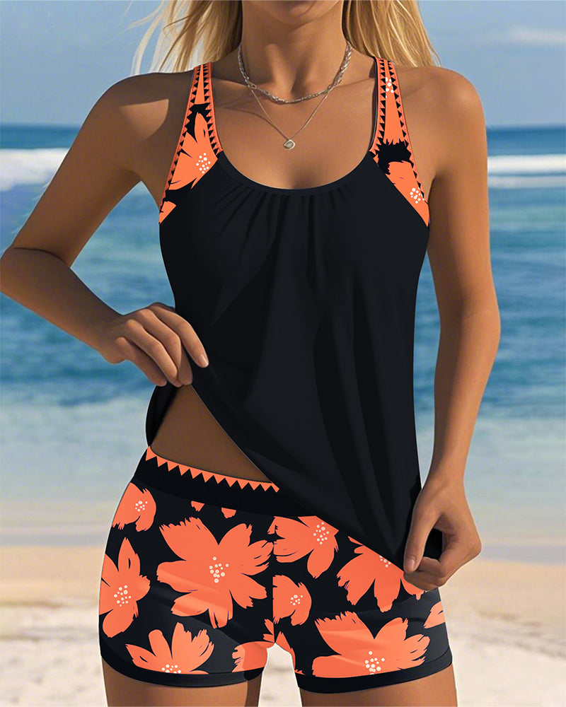 Tankini sans manches à encolure en U avec imprimé Boxer